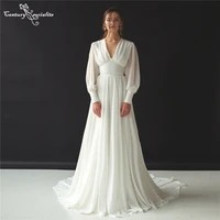 simple civil wedding dresses long sleeve v neck button back a line boho bridal gowns bohemian bride dress vestido de noiva