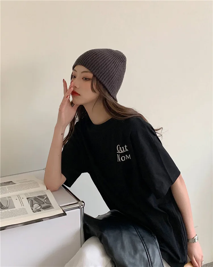 

YTX034 New black and white ladies long loose letter print short-sleeved T-shirt