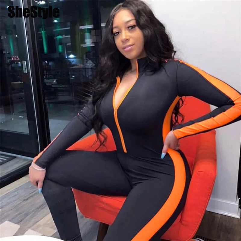 Shestyle сексуальный облегающий спортивный костюм в полоску черный комбинезон на