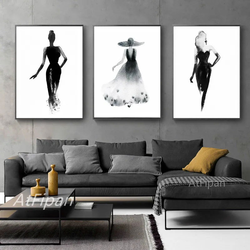 Черно белый модный красивый женский постер элегантная холщовая картина для