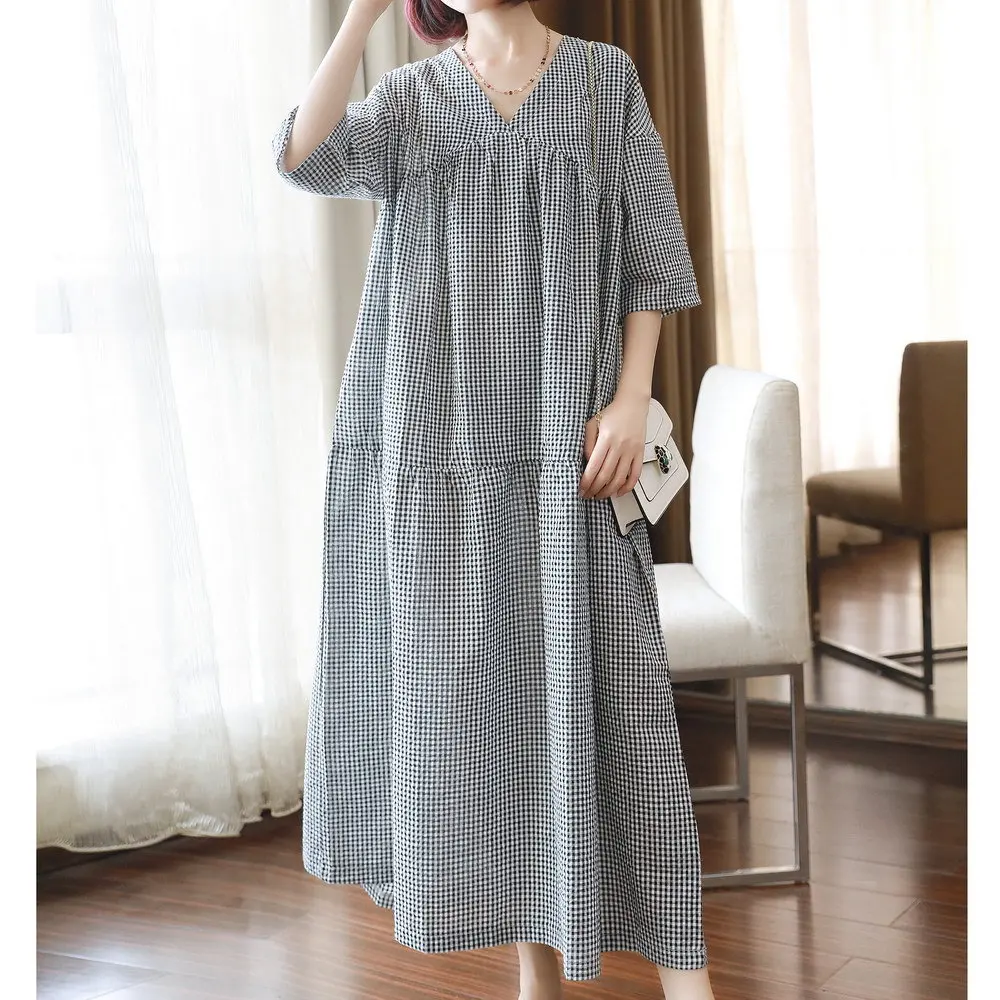 

Big Swing Loose Print Plaid Midi Black Dress Woman Vacation Summer Beach Dress Ladies Casual Vintage Women Dresses Summer 2020