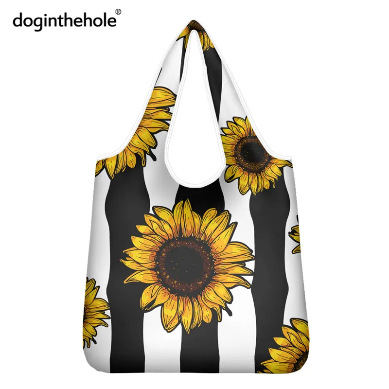 

Doginthehole 2pcs Set Sunflowers Print Fashion Shopping Bags Black White Stripe Casual Outdoor Storage Sac Flower Shopper Totes