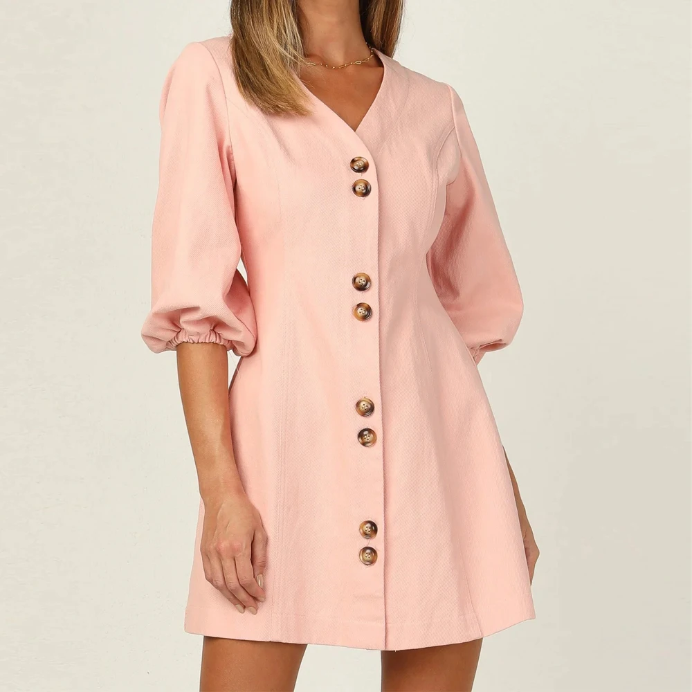 

2021 Summer women holiday v neck Button-up short Dress half sleeve Mini shirt Dresses Slim A-Line Vestido casual fashion chemise
