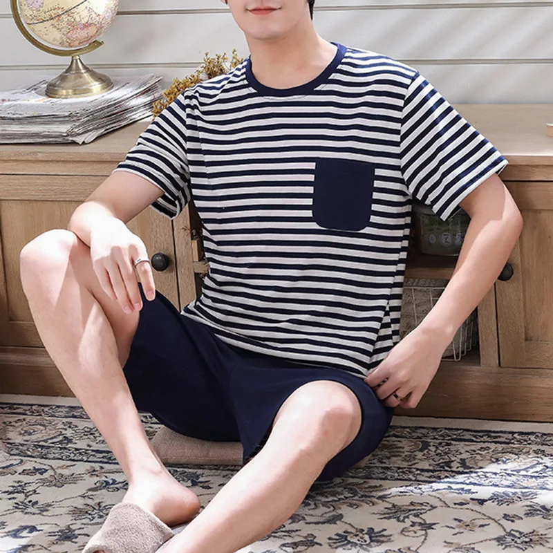 

Pajama Sets Summer Cotton Sleepwear Casual Print Short Sleeve + Patchwork Shorts Plus Size Pajamas For Men Cool Stretch Pyjamas