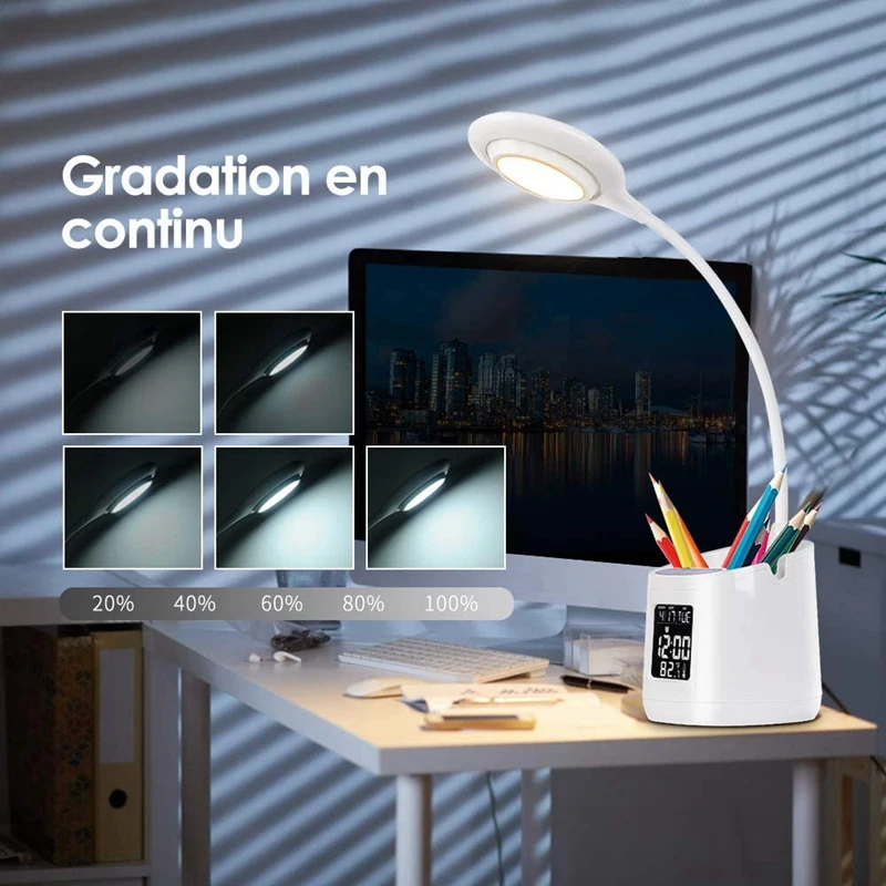 

LED Desk Lamp, USB 3 Lighting Modes Stepless Dimamable Tactile Table Lamp, Calendar Display and Temperature Display