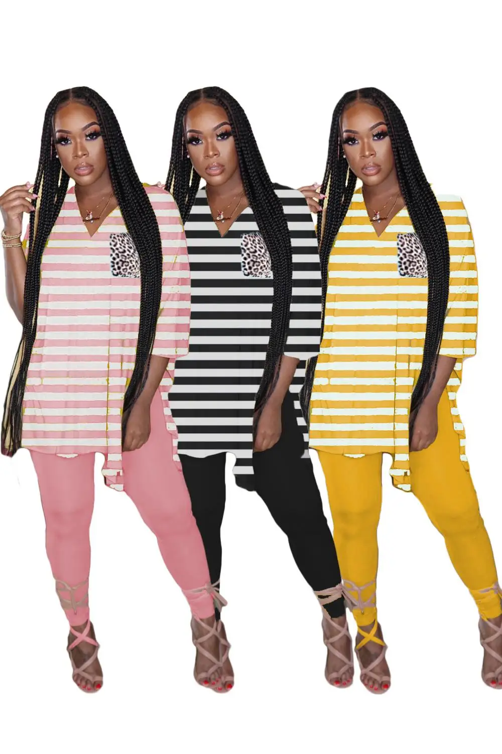 

Fashion Women Two Piece Set Striped V-neck Tee Tops Pencil Skinny Sweatpants Jogger Suit Tracksuit Matching Set Outfits