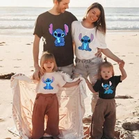 2021 summer white and black cool t shirts disney stitch printed family matching outfits kawaii round neck high quality clothing