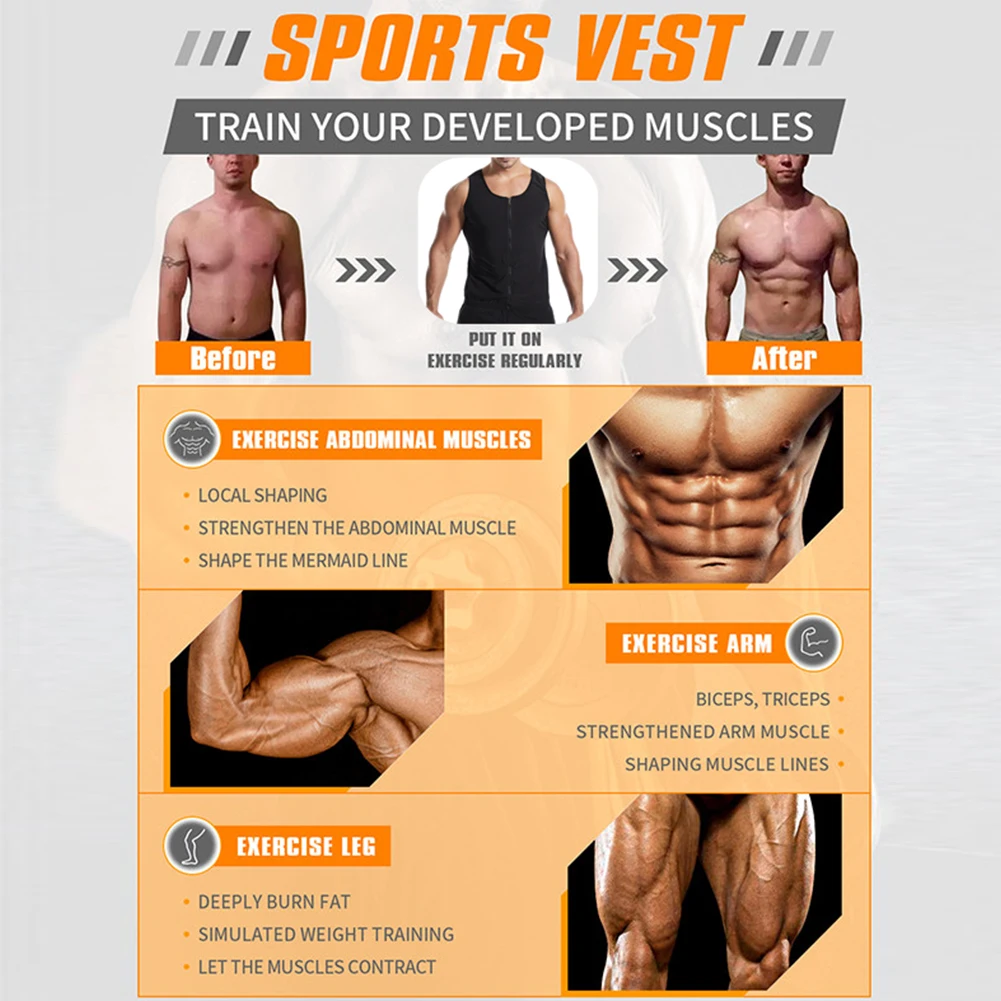 

Home Weight Loss Compression Solid Waist Trainer Fitness Gym Body Shaper With Zipper Black Round Neck Men Sauna Sweat Vest
