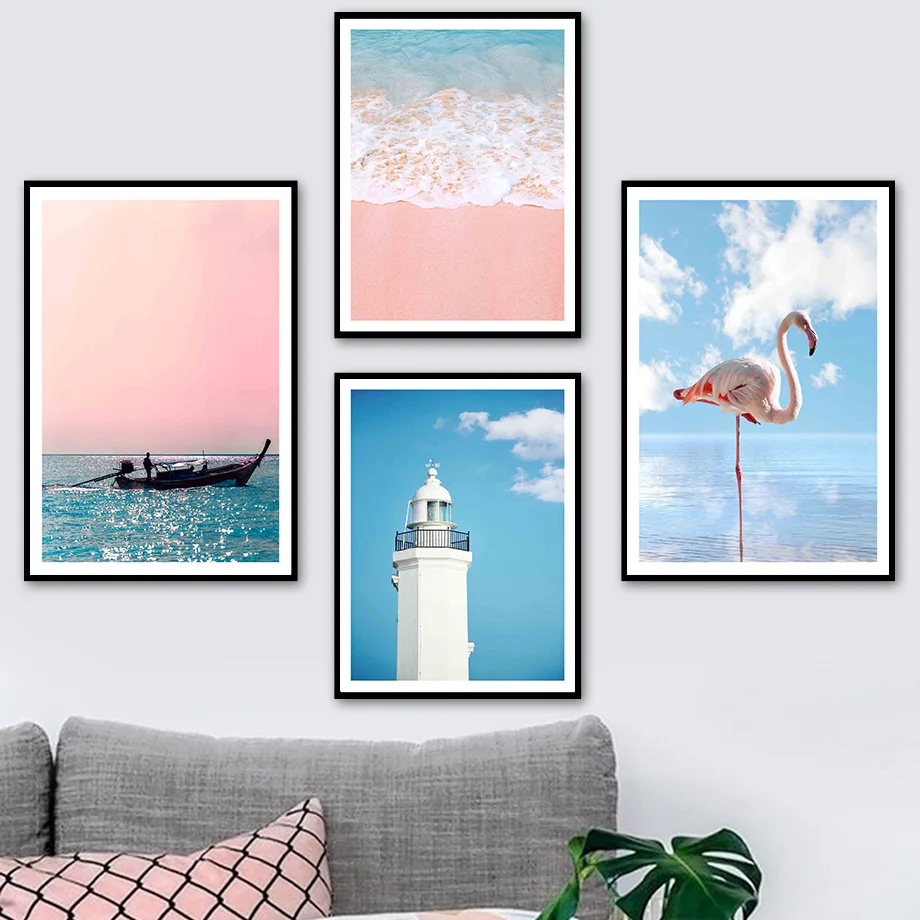 

Lighthouse Beach Boat Ocean Sky Flamingo Wall Art Canvas Painting Nordic Posters And Prints Wall Pictures For Living Room Decor