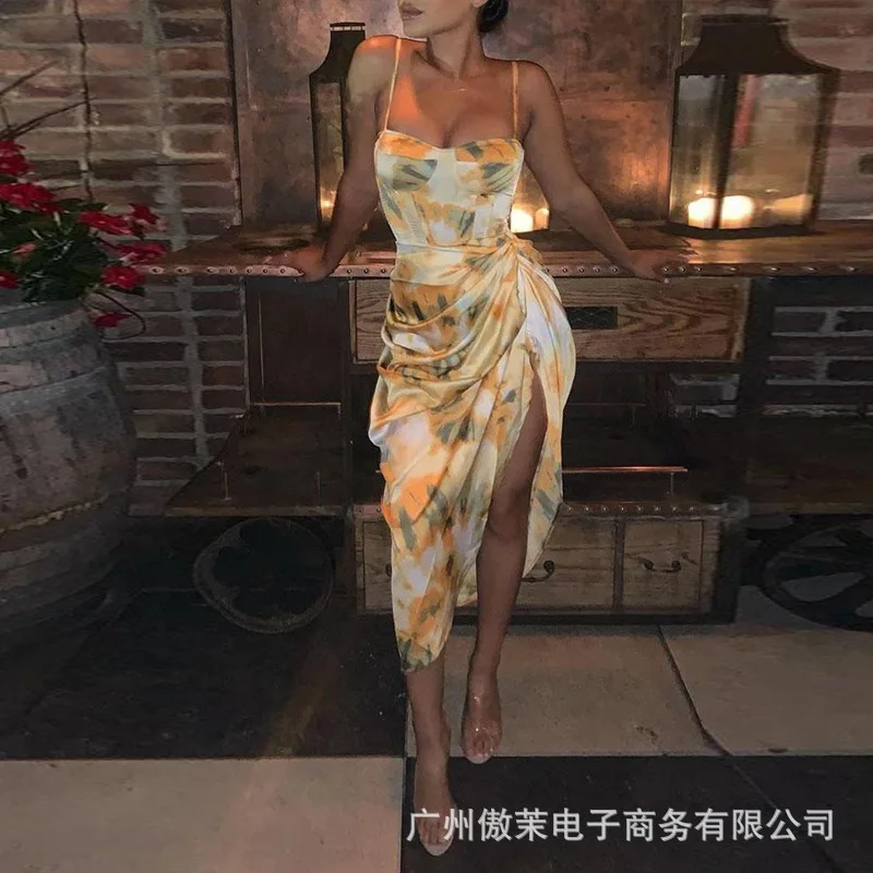 

Mazefeng 2020 New Women Abstract Print Spaghetti Strap High Slit Ruched Dress Female Backless Sexy Dresses Women Party Dress