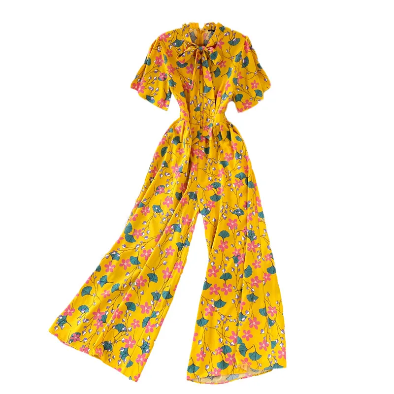 

Sen Is Sweet and Age-reducing Bow Tie Lace Floral Chiffon Jumpsuit with Waist and Thin Wide Leg Pants Jumpsuit GK863