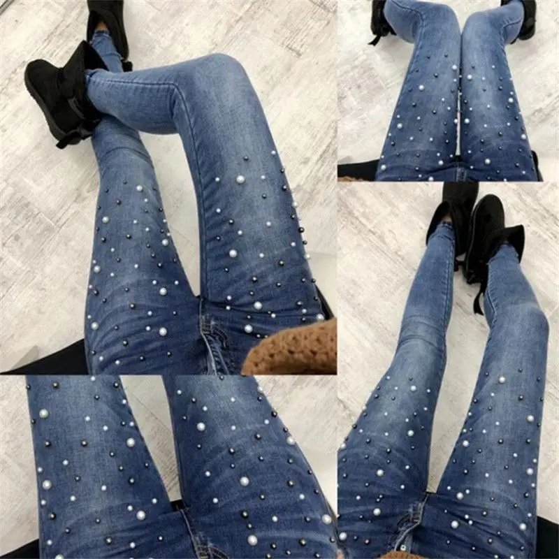 

Slim Jeans For Women High Waist Pearled Slim Denim Pants Stretch Beading Jeans Washed Denim Skinny Pencil Pants Female