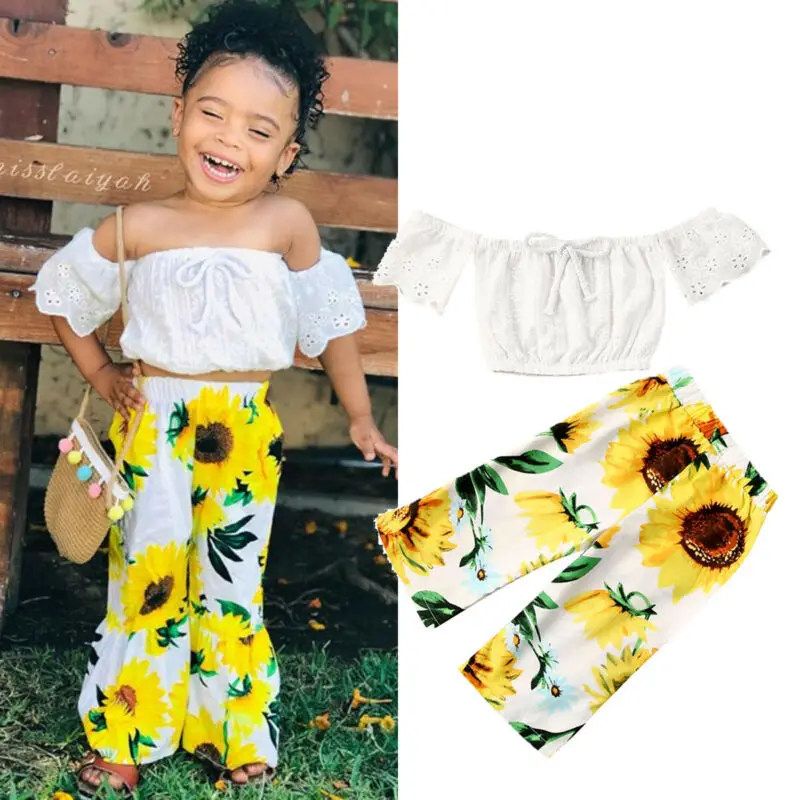

Summer 1-4 Years Toddler Baby GirlS Clothing Lace Crop Tops Sunflower Pants 2PCS Outfits Set
