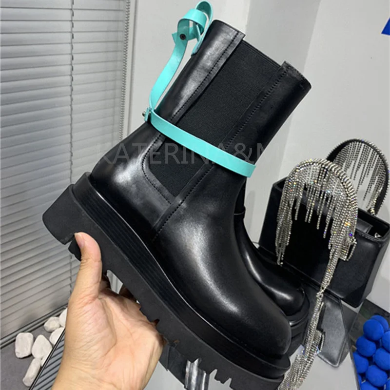 

Thick Sole Chelsea Boots Women Real Leather Mid Calf Boots Solid Color Height Increase Martin Boots British Style Knight Boots