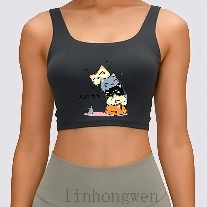 

Милая забавная Женская майка с рисунком кошки, интересный дизайн, аутентичный официальный хлопковый укороченный топ XL с круглым вырезом на ...