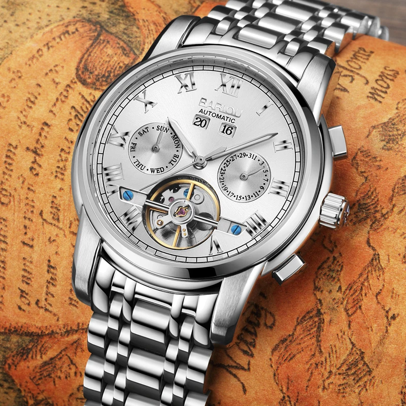 BAIOU Мужские автоматические наручные часы Tourbillon Скелет из нержавеющей стали