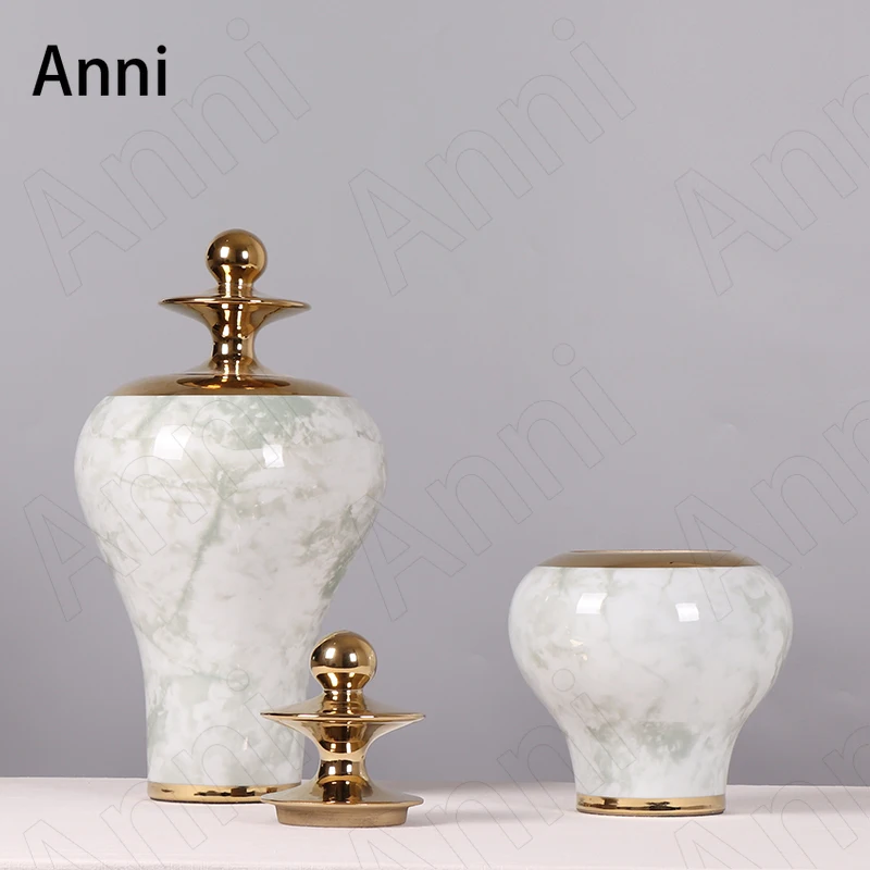 comprar Chinês Textura De Mármore Cerâmica Vaso Criatividade Golden Stroke Espiral Metal Tampa Decorativa Bancada Vasos Decoração Da Sala Estar