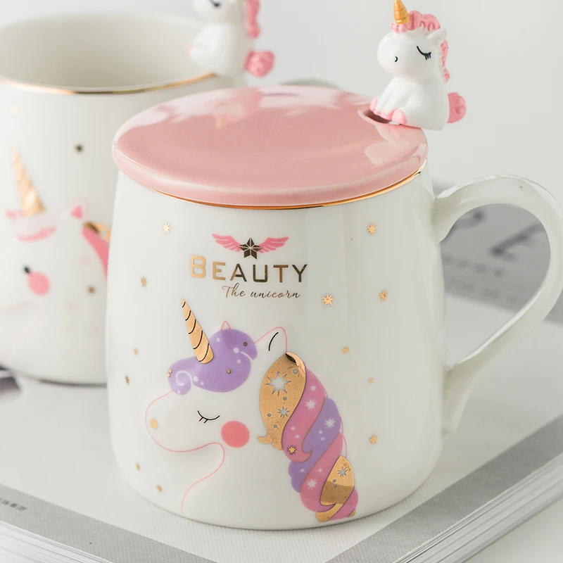 

Unicorn Coffee Cup Cute Novelty Ceramic Cartoon Print Porcelain Stirring Mug 3d Lid Luxury Mug Animal Personalized Cup KK60MK