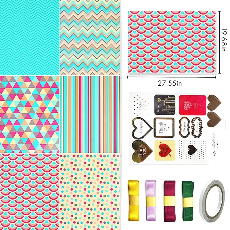 Wrapping Paper Sheets Birthday Set Included 6 Pcs Gift Wrap Papers Ribbon Present | Дом и сад