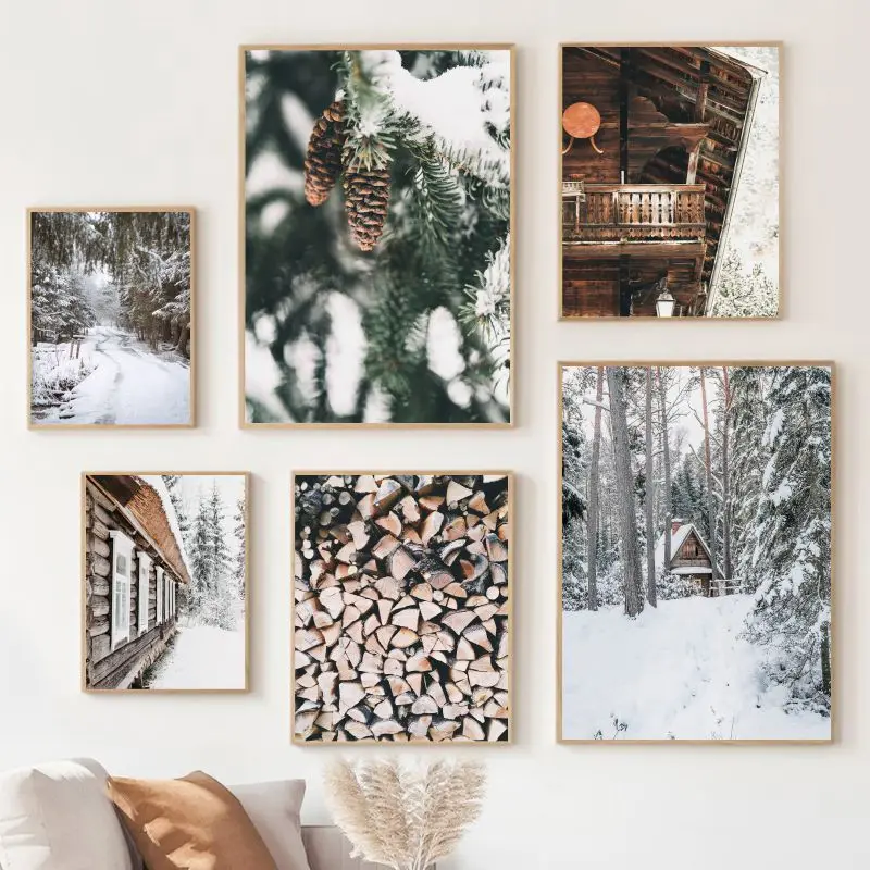 

Деревянный замок, настенная Картина на холсте, зимние снежные сосновые конусы, Постер и печать, Рождественский Декор, картина для комнаты, р...