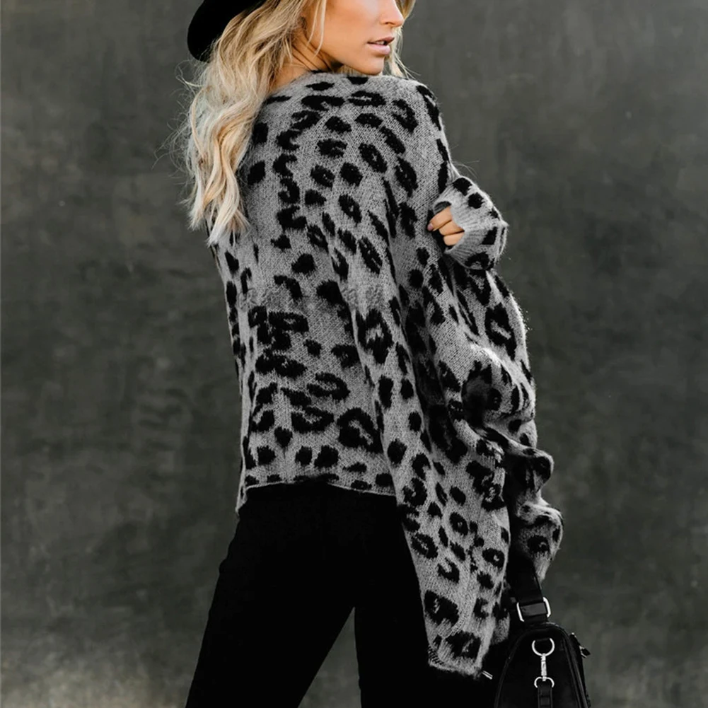 

Stylish Women Long Sleeve Open Front Cardigan Leopard Pockets Knit Sweater Coat