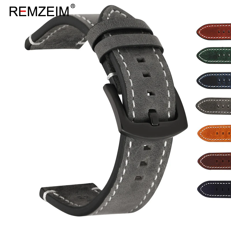 

REMZEIM New Handmade Crazy Horse Skin Leather Watchband 18mm 20mm 22mm 24mm Quick Release Smart Watch Strap Gray Green Brown