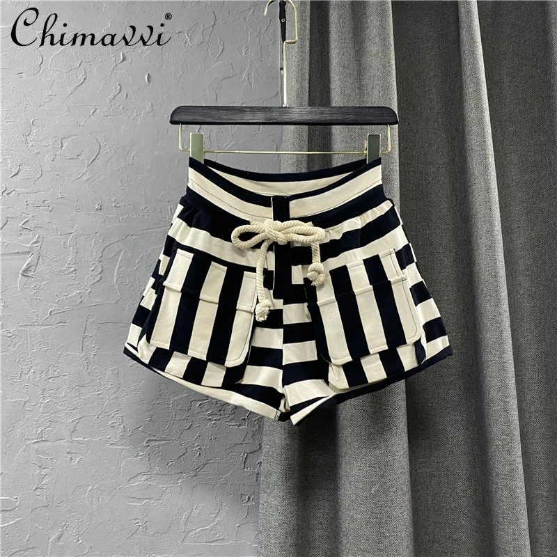 

Полосатый повседневный комбинезон, штаны, женские горячие шорты, новинка 2021, летние свободные широкие спортивные штаны А-силуэта с эластичн...