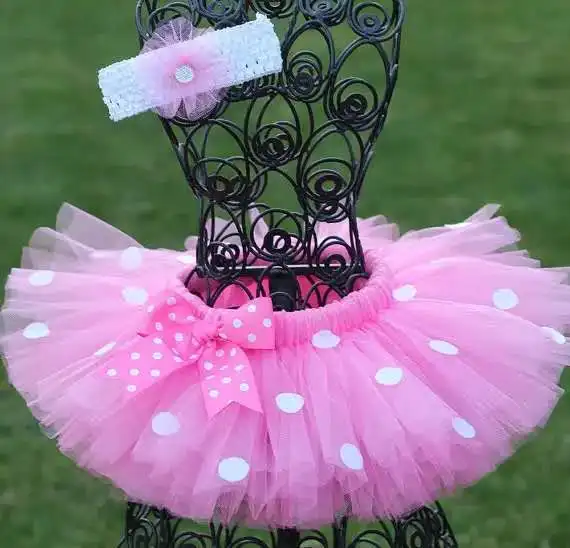 

New Girls Pink Tutu Skirts Baby Handmade Tulle Pettiskirt with White Dots Bow and Flower Headband Kids Ballet Dance Tutus Cloth