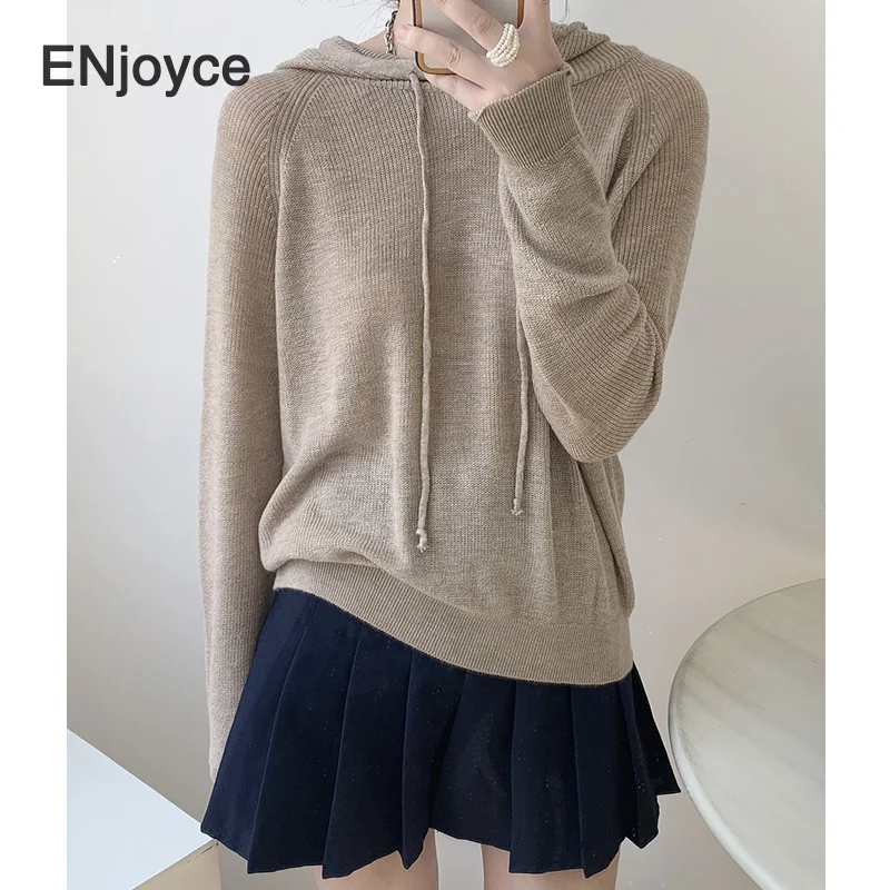 

Women Knitted Hoodie Thin Sweater Casual Loose Pullover Korean Style Fashion Knitting Hooded Clothes Spring 2021