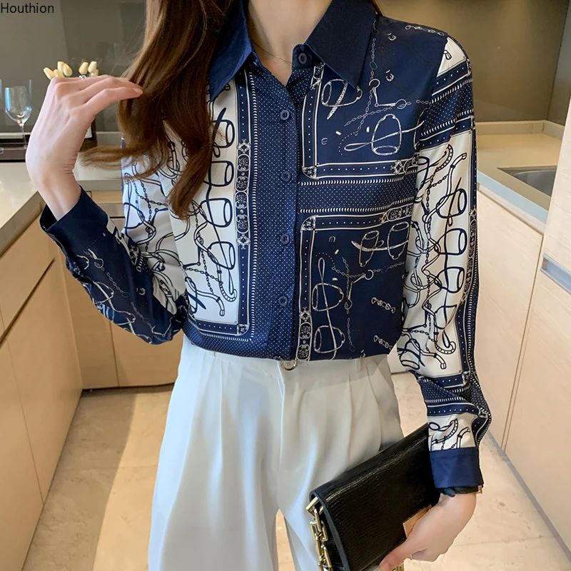 

Блузка женская шифоновая с длинным рукавом, модная повседневная рубашка-поло со сращением, с принтом, свободного покроя, лето-осень