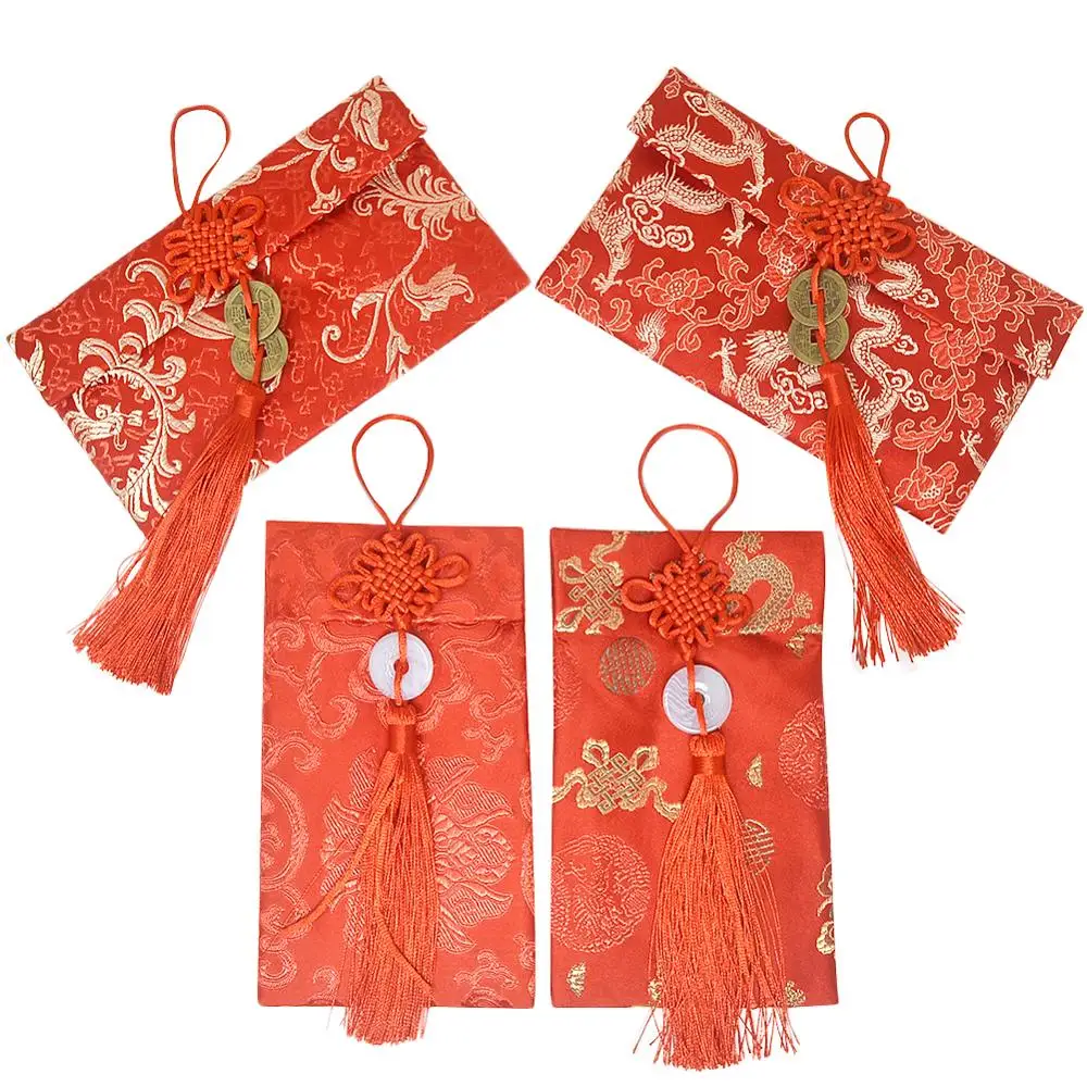 

4 Pieces Chinese Silk Red Envelopes, Chinese Element Red Envelope HongBao Chinese Traditional Embroidery Lucky Money Pockets wit