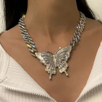 luxury crystal butterfly pendant necklace for women gift wedding statement rhinestone paved cuban chain charm girl neck jewelry