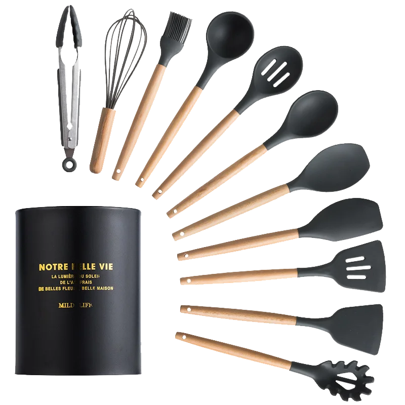 

12/13 Silicone Cooking Utensils Wooden Handle Kitchen Set Cooking Tools Sets Accessories with Stainless Steel Storage Box