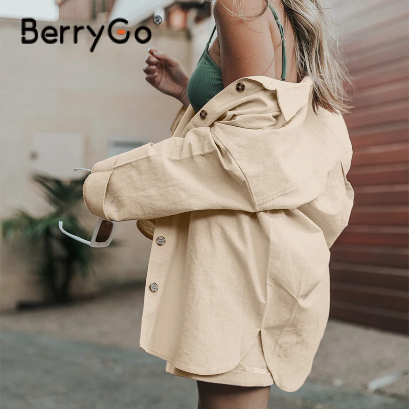 

BerryGo Office lady solid short sets spring summer Two-piece long sleeve cotton suit set ladies Casual elastic waist women set