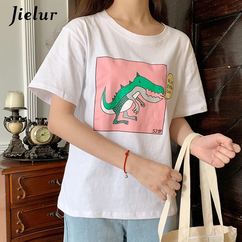 Jielur Women T-shirt Summer O-neck Cartoon Printed Casual Blusas Ladies Cute Tee Tops White Femme Korean Streetwear T Shirt 2021 | Женская