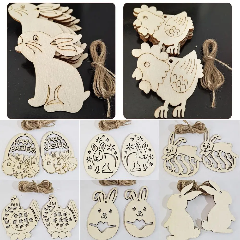 

10PCS Hens Household Handcraft Eggs Rabbit Pendants Hanging Ornaments Easter Rabbit Easter Wood Chips Easter Decorations
