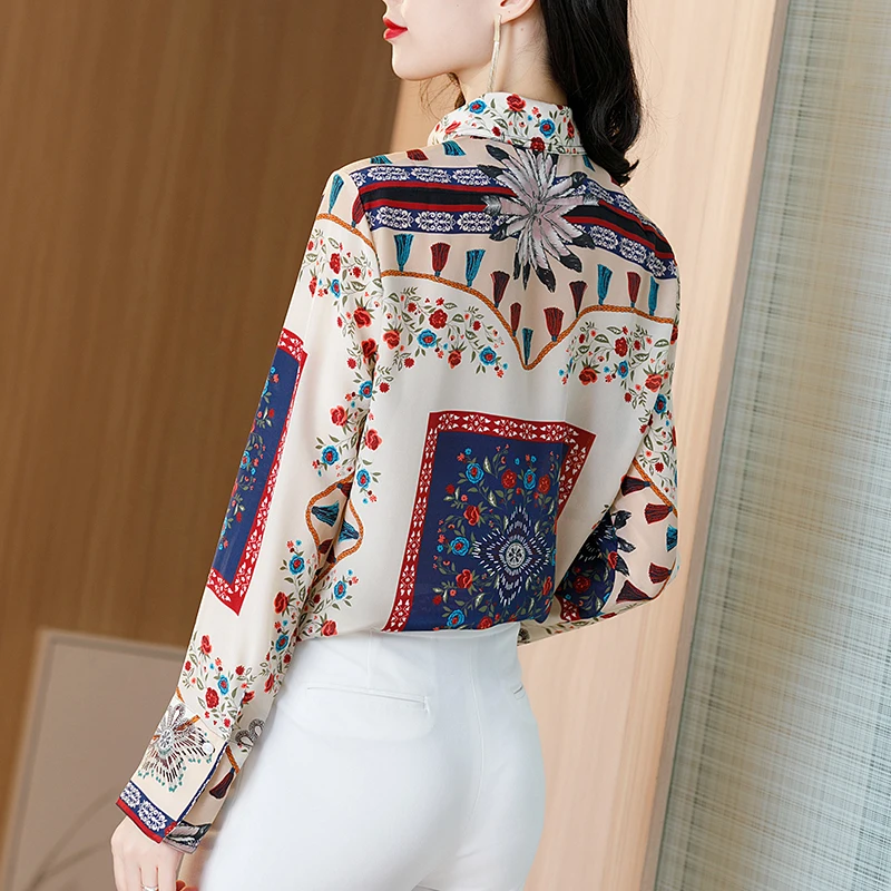 Printemps Automne 100% Soie naturelle Femmes Chemise Élégante Col rabattu À Manches Longues Pur Soie Véritable Vintage Impression Dame Chemisier Hauts