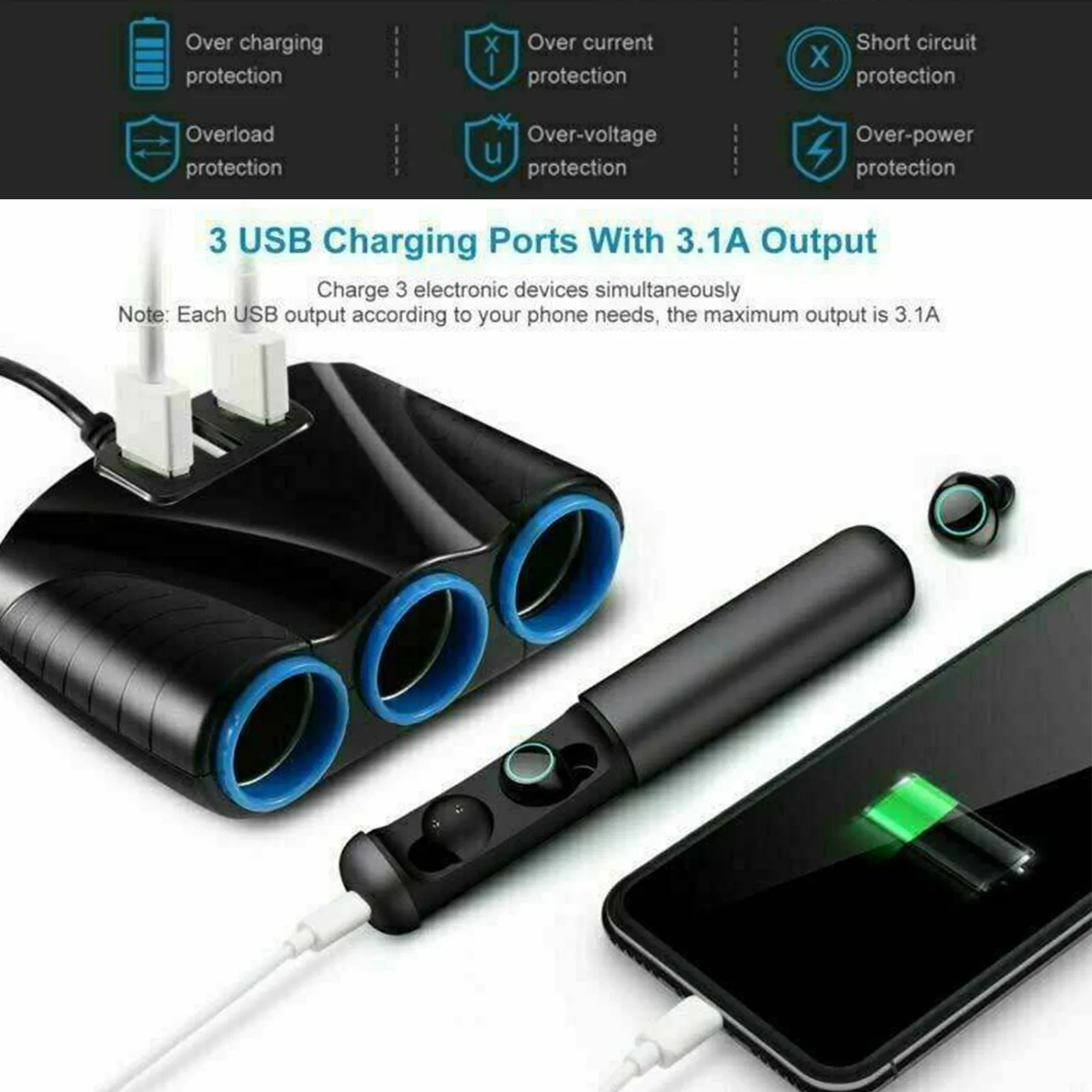 Разветвитель Прикуривателя с 3 USB-портами 12 В | Автомобили и мотоциклы