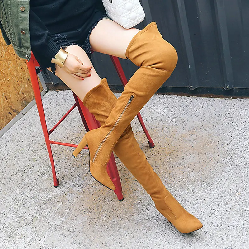 Женские замшевые ботфорты с острым носком вечерние v-образным вырезом на молнии |