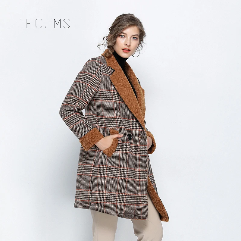 Зимнее шерстяное пальто в клетку Женская Теплая Флисовая EC.MS верхняя одежда для
