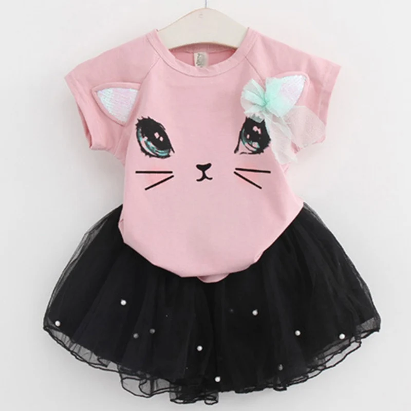 AZ231 Pink Bear leader/комплекты одежды для девочек Новая летняя детская одежда с милым рисунком кота костюм из топа и юбки для маленьких девочек Сетчатое платье - Цвет: AZ231 Pink