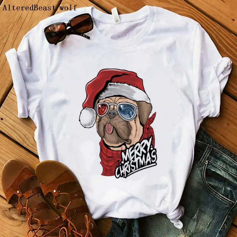

Kawaii pug christmas t shirt women fashion Christmas tshirt Harajuku Short Sleeve tops White printed cute T shirt clothes