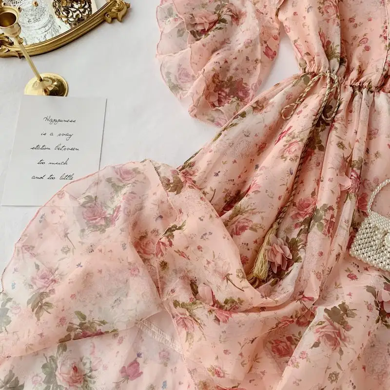 

Women new holiday chiffon dress flare sleeve irregular print floral dresses 3D flower patches beach wear dresses vestidos kleid