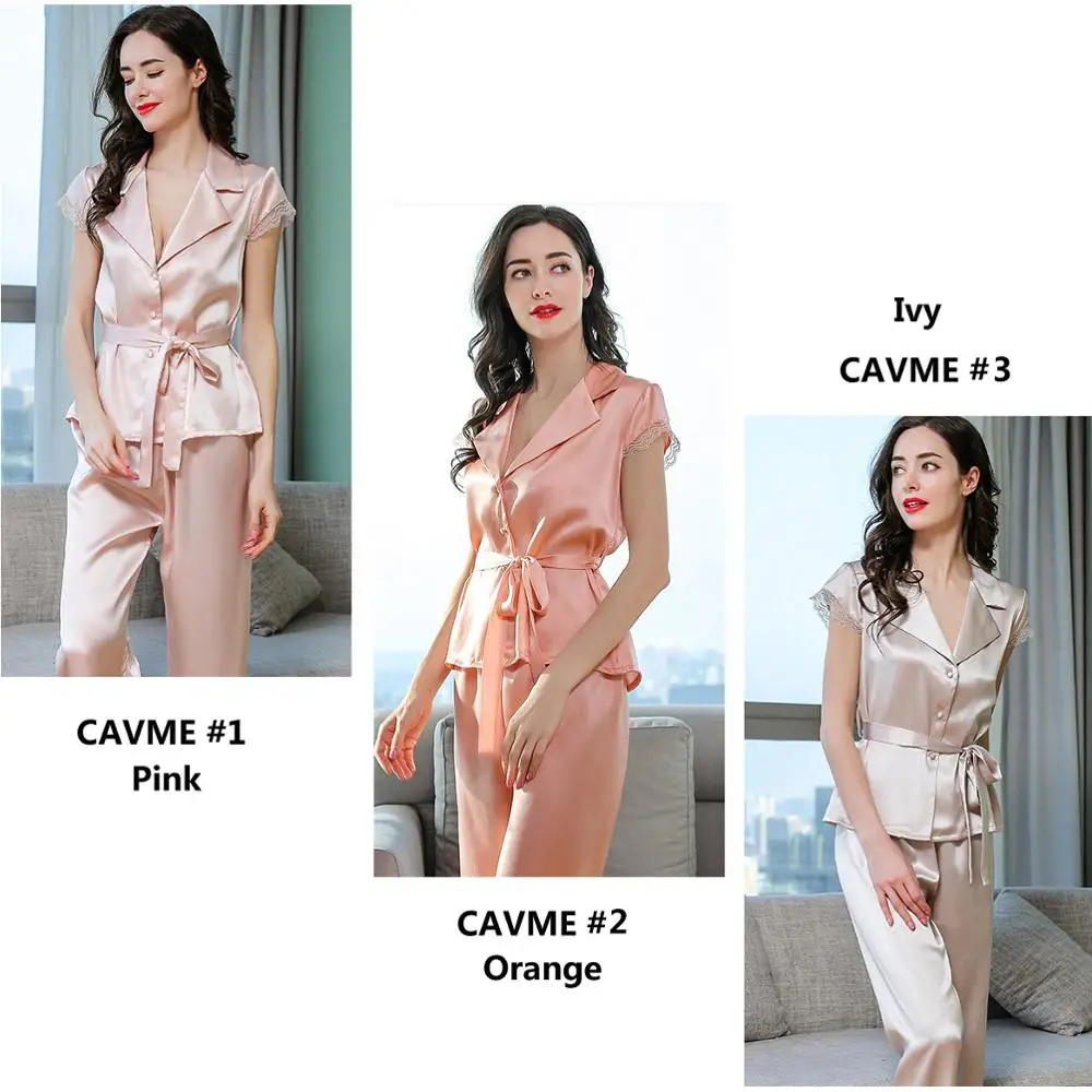 CAVME 100% Silk Pajama Sets for Women Luxury Sleepwear Short Sleeve Pants 2 pieces Pajama Solid Color PLUS SIZE