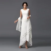 charming holy white high low lace mother of the bride dresses jewel neck tiered skirt wedding guest dress with shawl