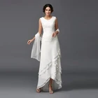 Очаровательные белые кружевные платья для матери невесты с высокой низкой талией, с круглым вырезом и многослойной юбкой, свадебное платье для гостей с шалью