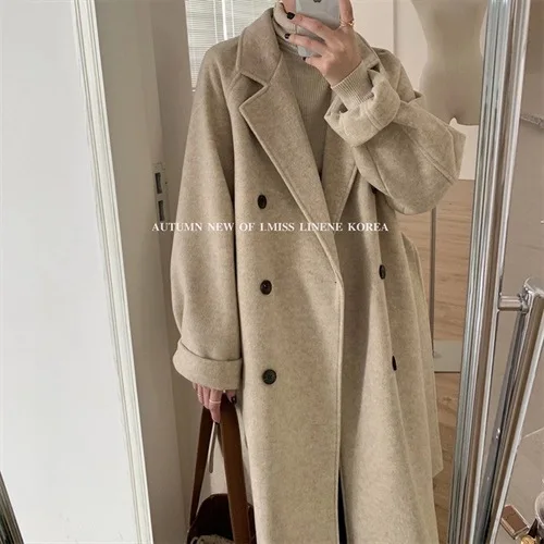 

Ladies Wool Blends Coat 2021 Women Long Jacket Classic Lapel Double Breasted Overcoat With Belt Loose Autumn Winter Outerwear