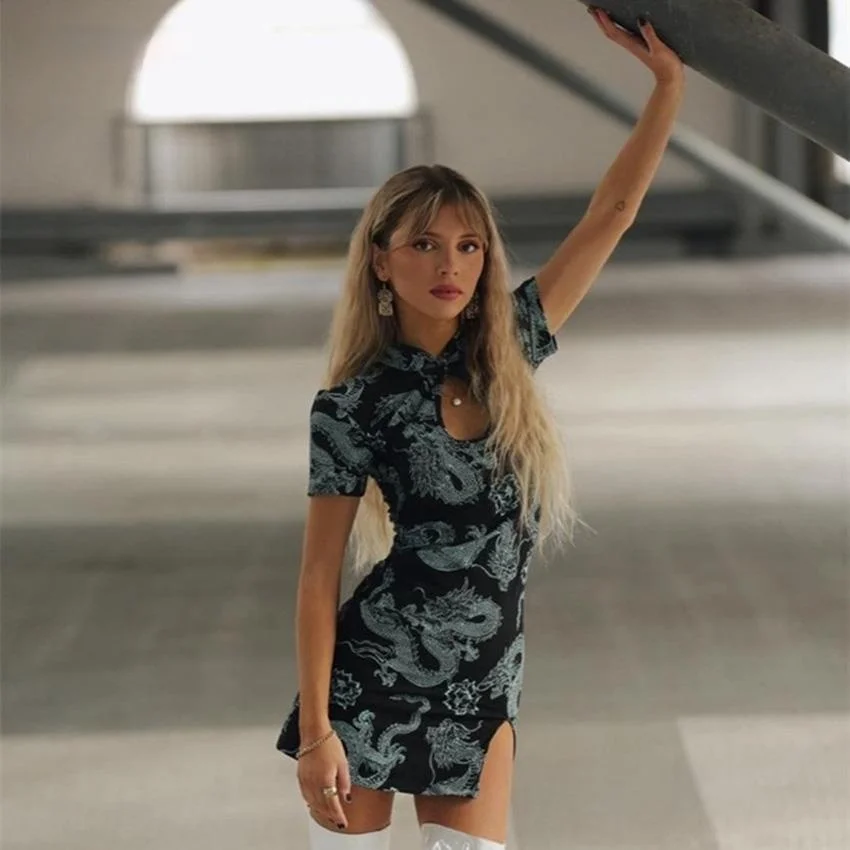 Женское платье-Ципао с коротким рукавом и принтом дракона | Женская одежда