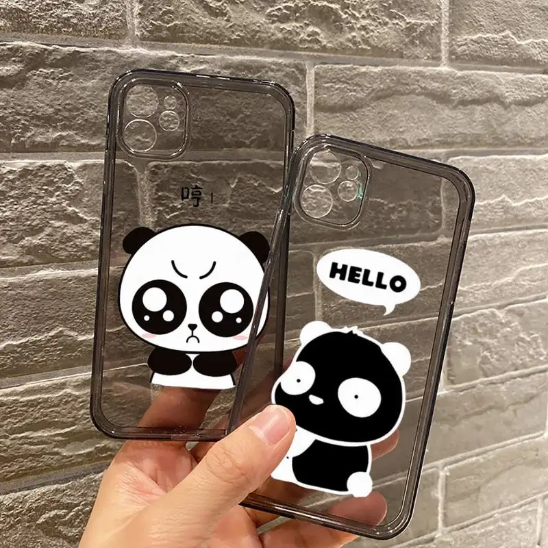 

lindo panda Phone Case For iPhone 12 11 8 7 se 2020 mini pro X XS XR MAX Plus Black Transparent Cover