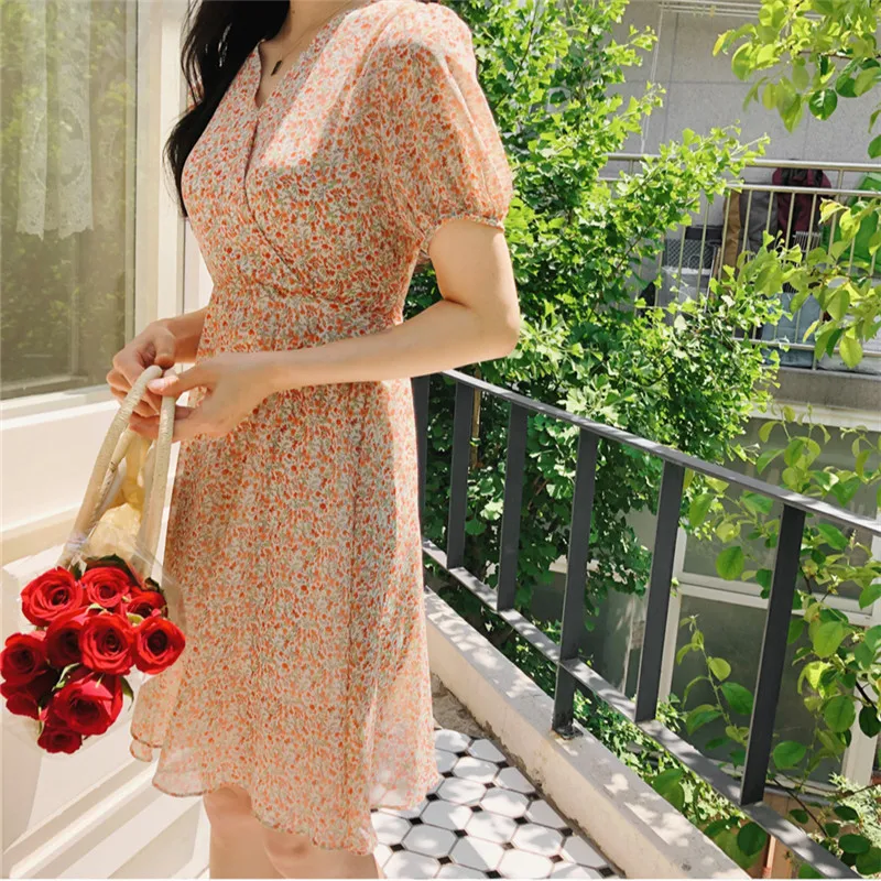 Женское летнее шифоновое платье с коротким рукавом и принтом|Женские платья| |